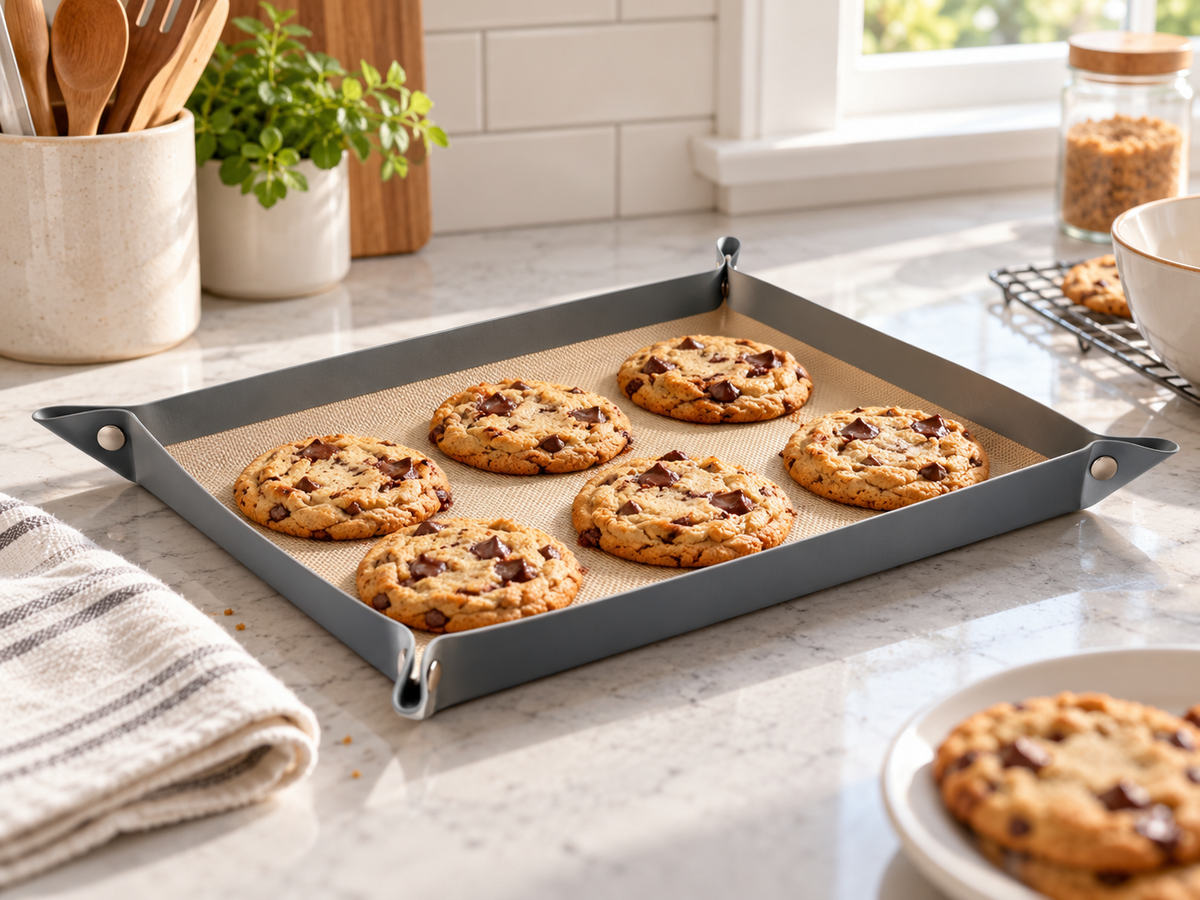 Reusable silicone baking tray with chocolate chip cookies