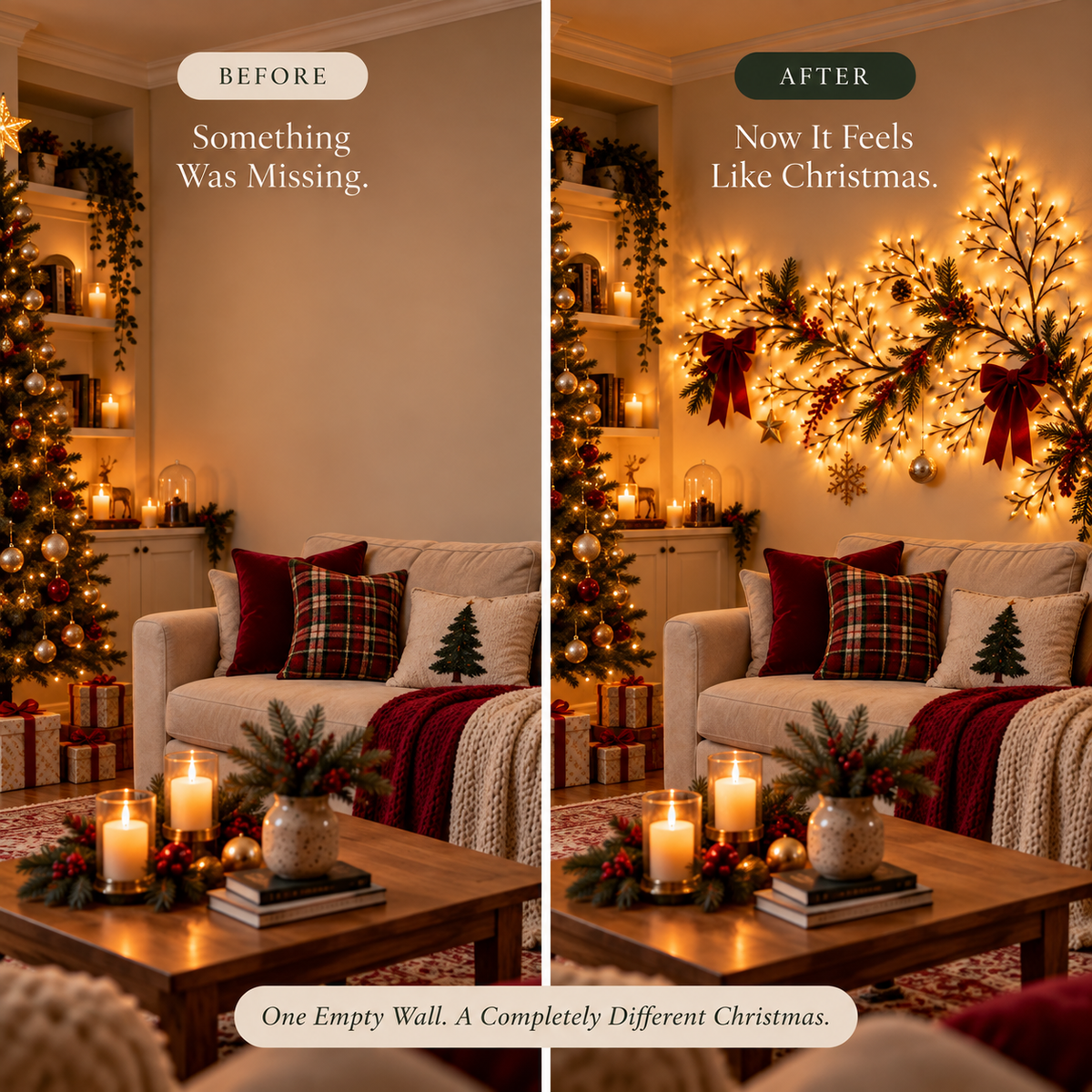 Christmas branch lights before and after