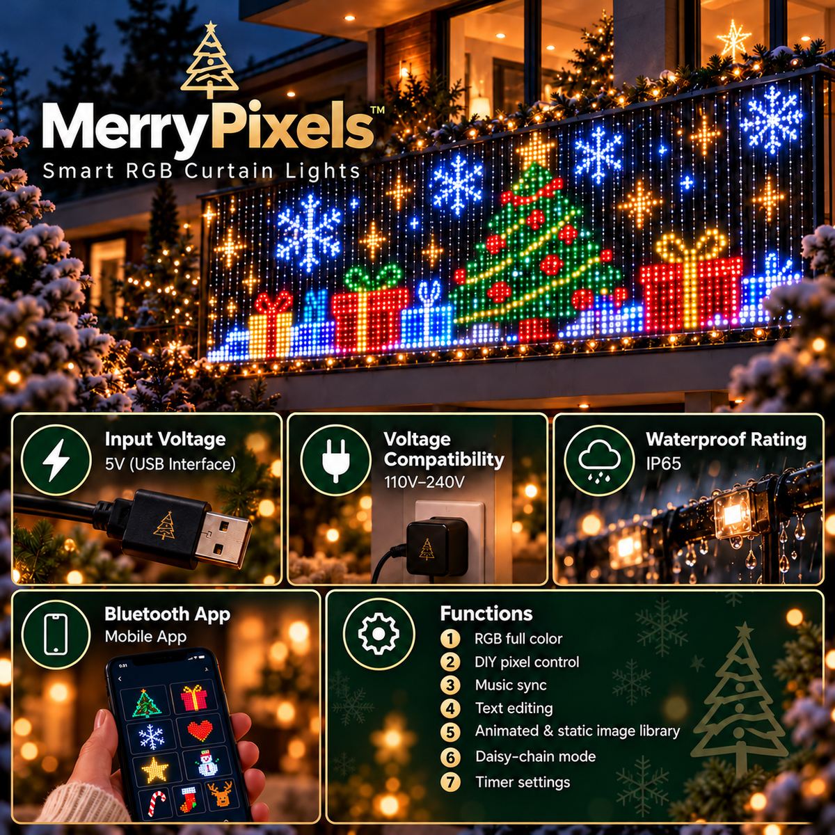 Overview of MerryPixels functions: app control, 144+ animations, custom designs, brightness and speed, timer, indoor and outdoor